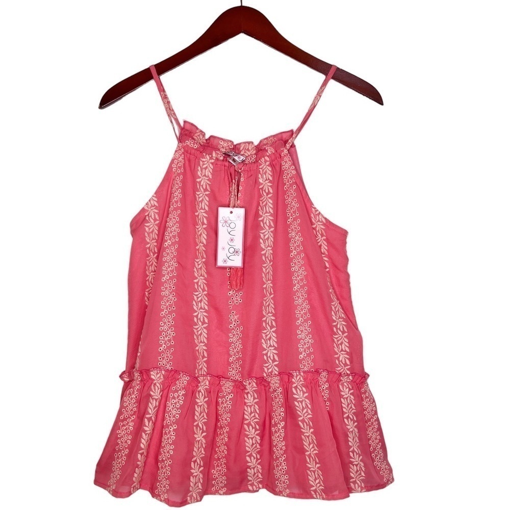 JOY JOY NWT Embroidered Ruffle Peplum Hem Sleeveless Top Size Medium in Link